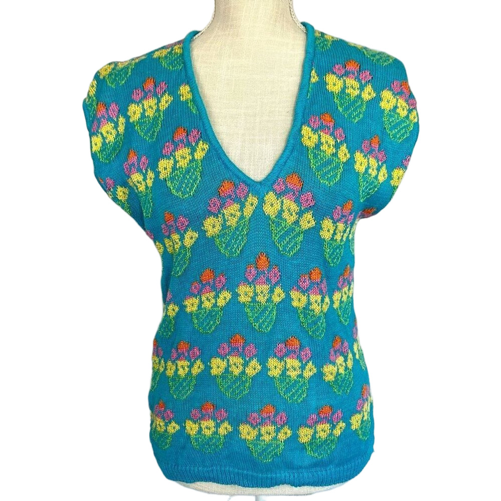 Vintage 80s Collage Women’s Blue Knit Sweater Vest Sz M Fun Floral Pattern Cap S